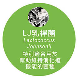 LJ乳桿菌 又稱約氏乳酸桿菌，可維持消化道健康，提升防禦的菌種。